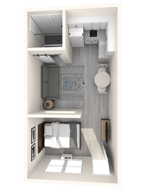 Floor plan for 1 bed, 1 bath, 250 sqft